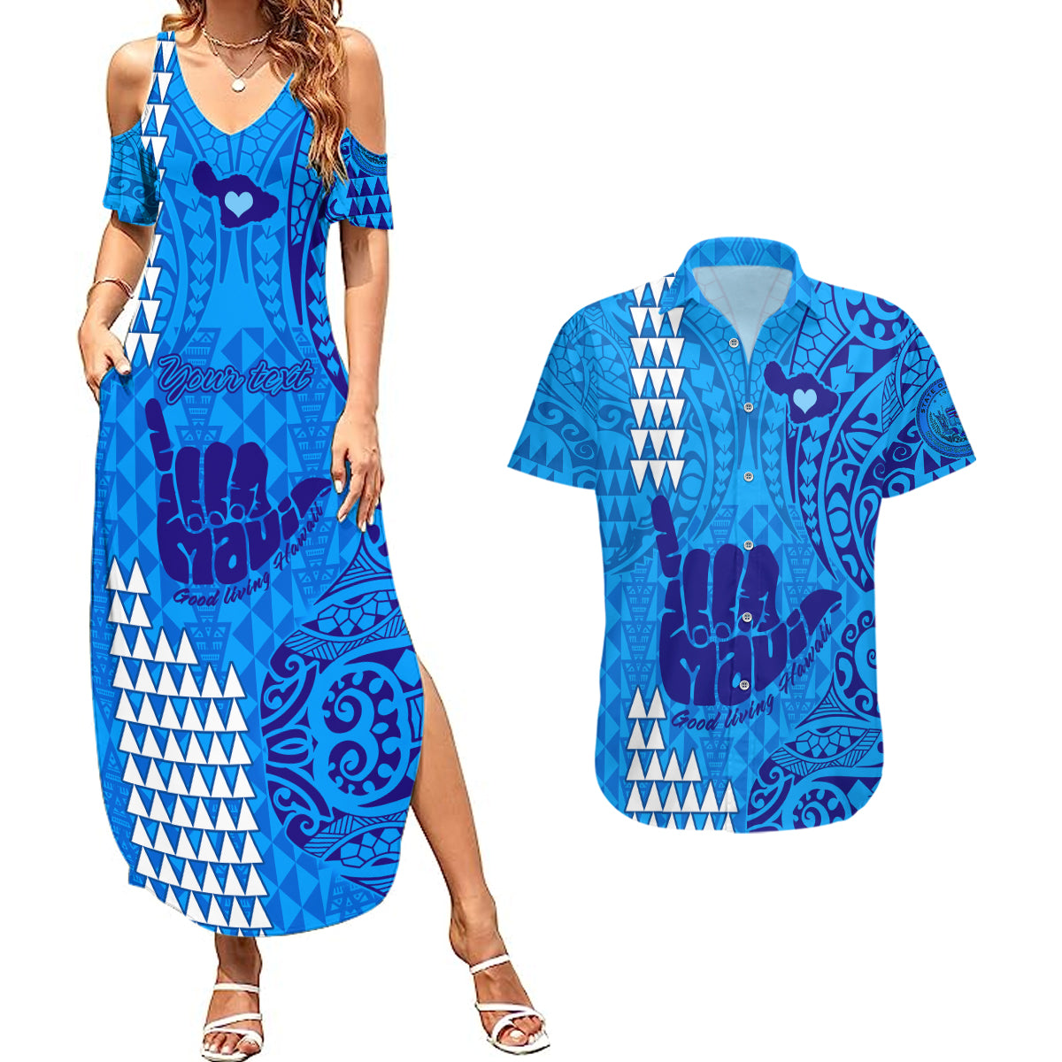Personalised Strong Maui Couples Matching Summer Maxi Dress and Hawaiian Shirt Good Living Hawaii with Shaka Sign Kakau Tribal Blue LT9 Blue - Polynesian Pride