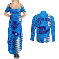 Personalised Strong Maui Couples Matching Summer Maxi Dress and Long Sleeve Button Shirts Good Living Hawaii with Shaka Sign Kakau Tribal Blue LT9 - Polynesian Pride