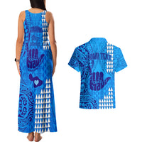 Personalised Strong Maui Couples Matching Tank Maxi Dress and Hawaiian Shirt Good Living Hawaii with Shaka Sign Kakau Tribal Blue LT9 - Polynesian Pride
