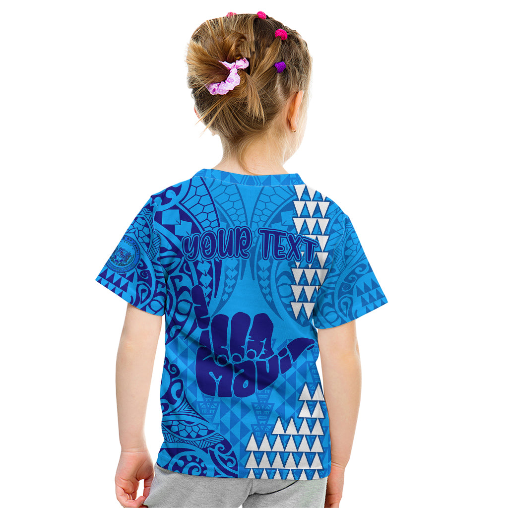 Personalised Strong Maui Kid T Shirt Good Living Hawaii with Shaka Sign Kakau Tribal Blue LT9 - Polynesian Pride