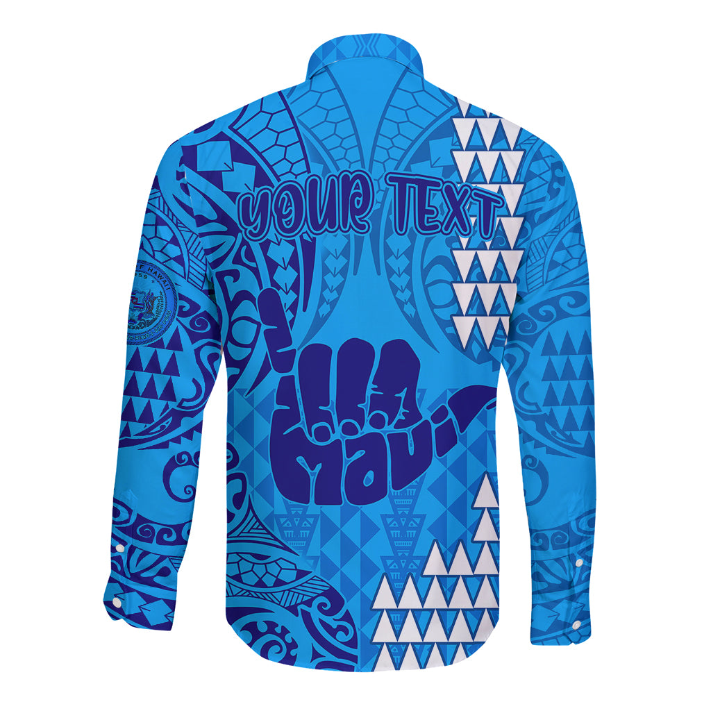 Personalised Strong Maui Long Sleeve Button Shirt Good Living Hawaii with Shaka Sign Kakau Tribal Blue LT9 - Polynesian Pride