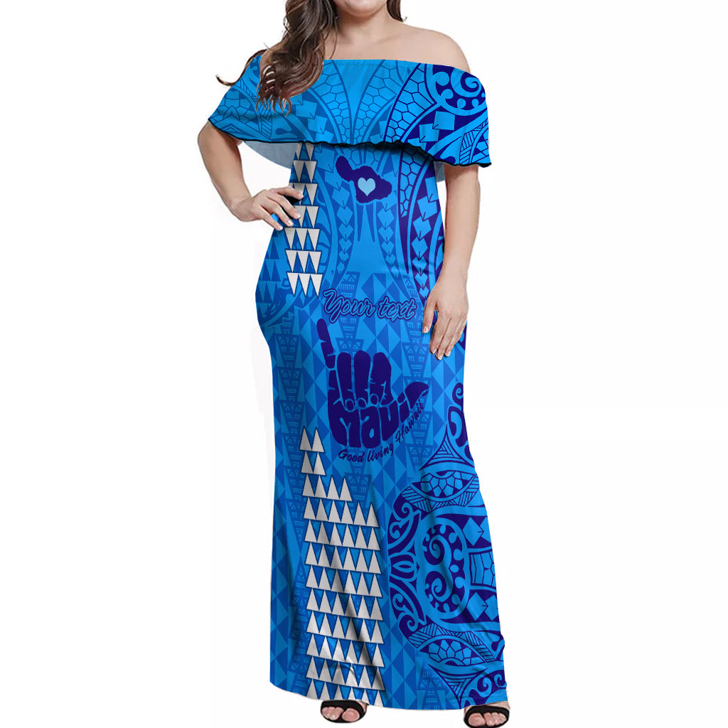 Personalised Strong Maui Off Shoulder Maxi Dress Good Living Hawaii with Shaka Sign Kakau Tribal Blue LT9 Women Blue - Polynesian Pride