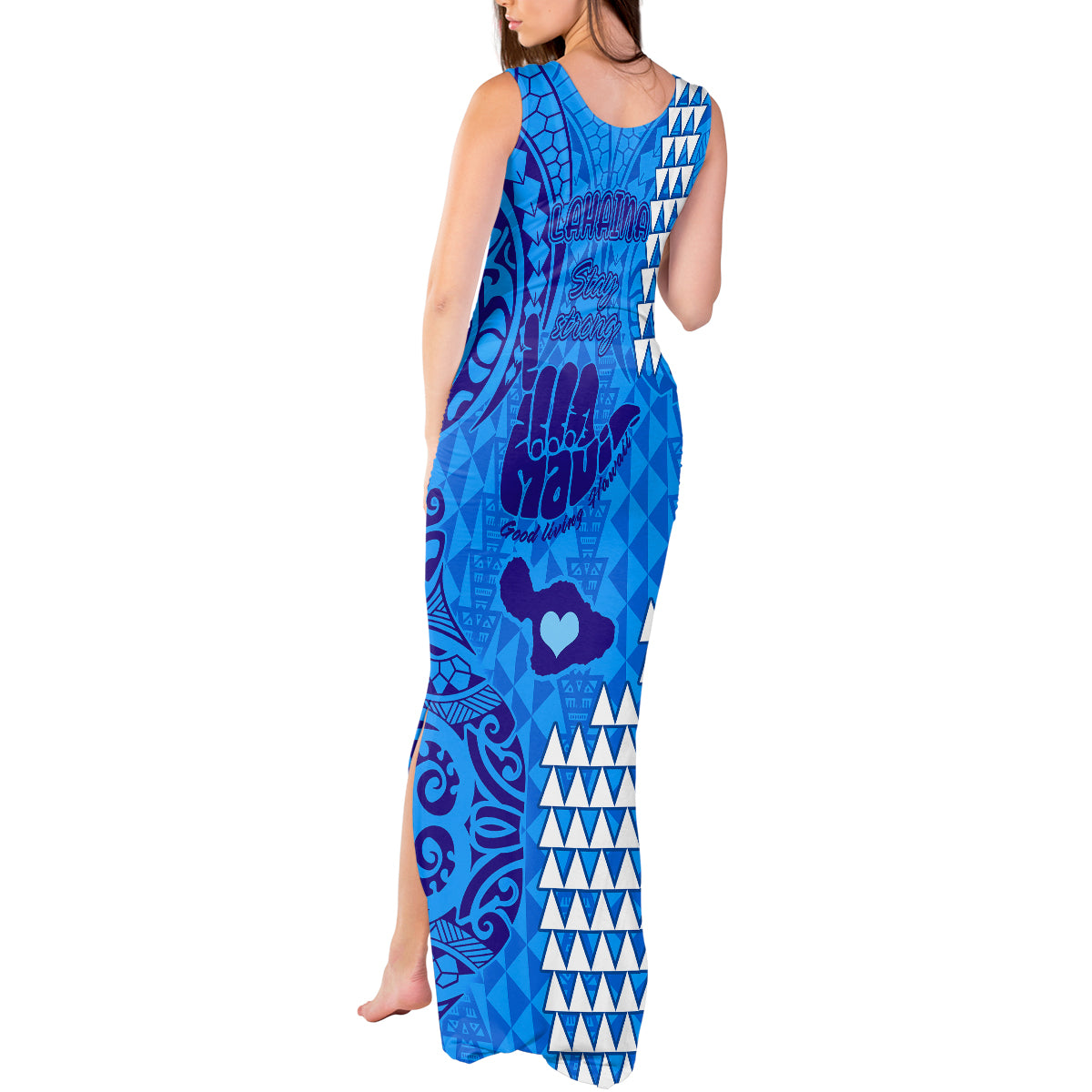 Personalised Strong Maui Tank Maxi Dress Good Living Hawaii with Shaka Sign Kakau Tribal Blue LT9 - Polynesian Pride