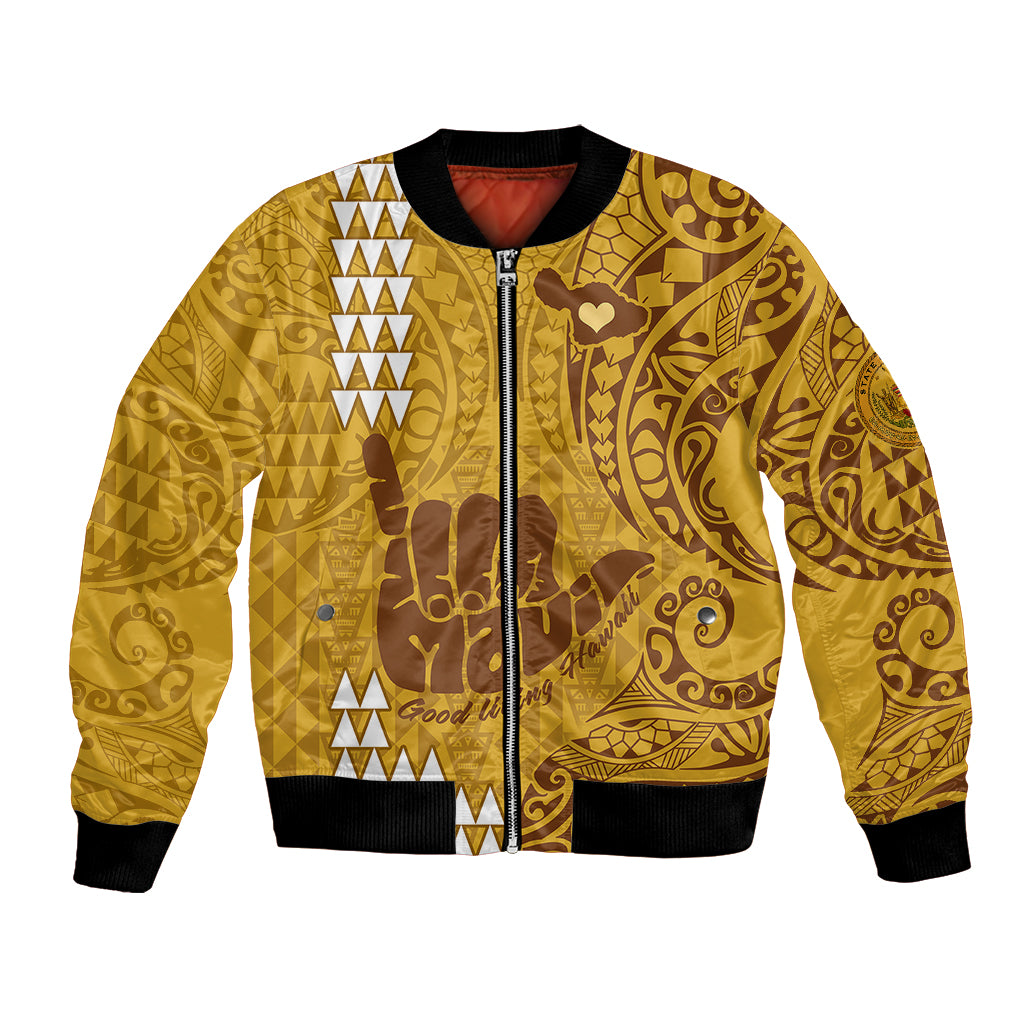 Strong Maui Bomber Jacket Good Living Hawaii with Shaka Sign Kakau Tribal Gold LT9 Unisex Gold - Polynesian Pride