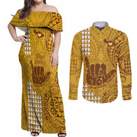 Strong Maui Couples Matching Off Shoulder Maxi Dress and Long Sleeve Button Shirts Good Living Hawaii with Shaka Sign Kakau Tribal Gold LT9 Gold - Polynesian Pride