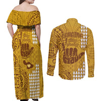 Strong Maui Couples Matching Off Shoulder Maxi Dress and Long Sleeve Button Shirts Good Living Hawaii with Shaka Sign Kakau Tribal Gold LT9 - Polynesian Pride