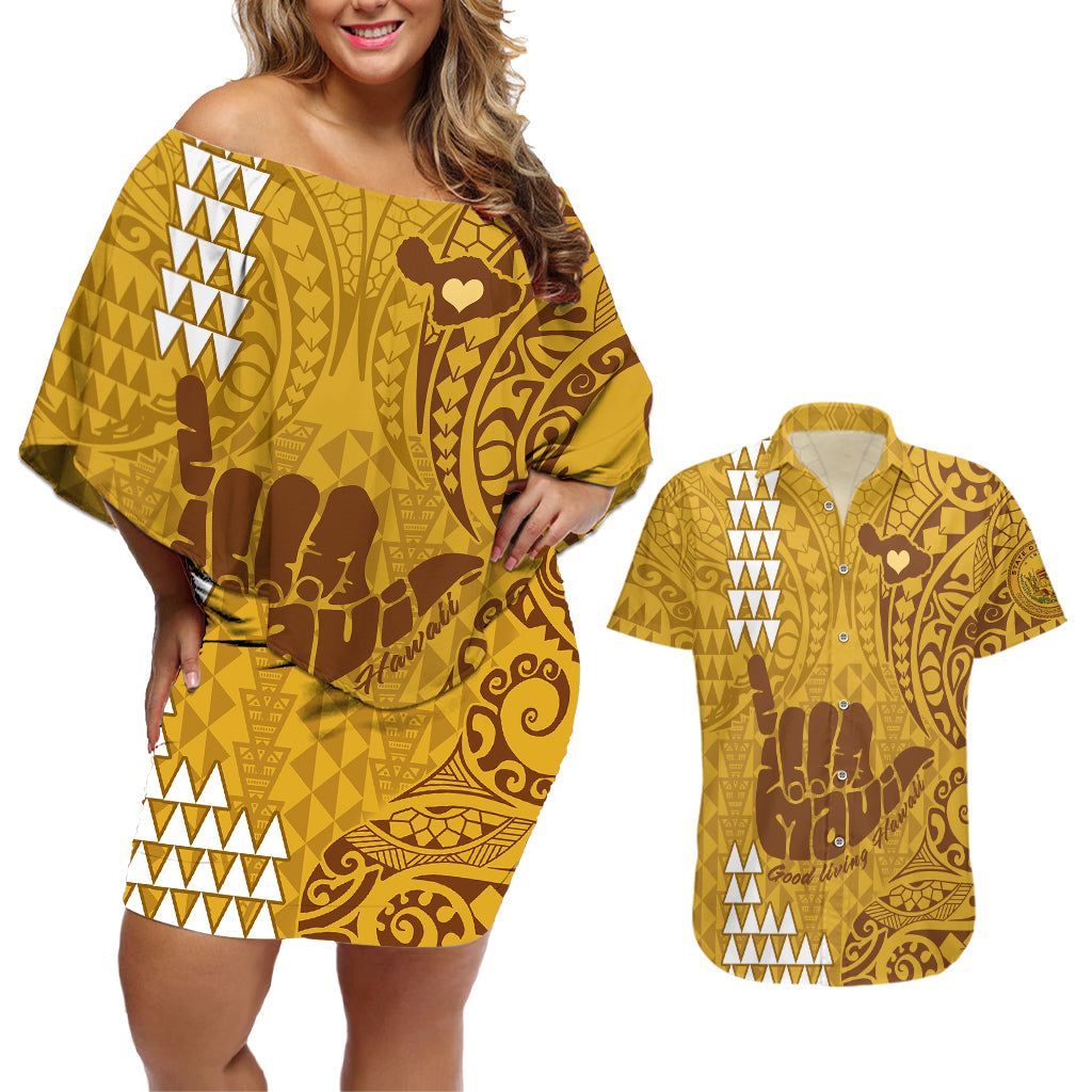Strong Maui Couples Matching Off Shoulder Short Dress and Hawaiian Shirt Good Living Hawaii with Shaka Sign Kakau Tribal Gold LT9 Gold - Polynesian Pride