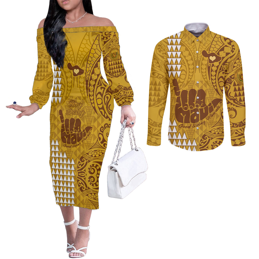Strong Maui Couples Matching Off The Shoulder Long Sleeve Dress and Long Sleeve Button Shirts Good Living Hawaii with Shaka Sign Kakau Tribal Gold LT9 Gold - Polynesian Pride