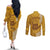 Strong Maui Couples Matching Off The Shoulder Long Sleeve Dress and Long Sleeve Button Shirts Good Living Hawaii with Shaka Sign Kakau Tribal Gold LT9 - Polynesian Pride