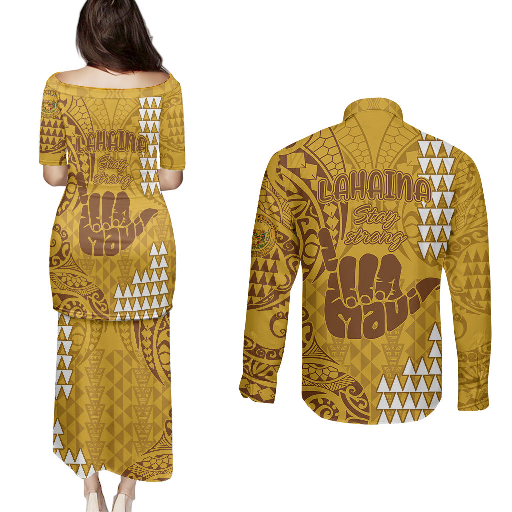 Strong Maui Couples Matching Puletasi Dress and Long Sleeve Button Shirts Good Living Hawaii with Shaka Sign Kakau Tribal Gold LT9 - Polynesian Pride