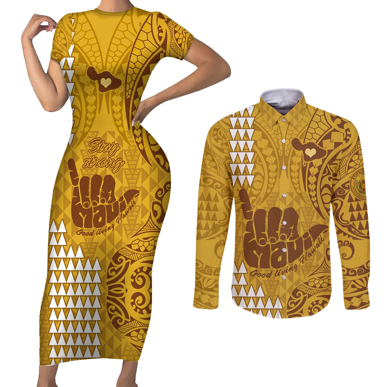 Strong Maui Couples Matching Short Sleeve Bodycon Dress and Long Sleeve Button Shirts Good Living Hawaii with Shaka Sign Kakau Tribal Gold LT9 Gold - Polynesian Pride