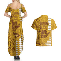 Strong Maui Couples Matching Summer Maxi Dress and Hawaiian Shirt Good Living Hawaii with Shaka Sign Kakau Tribal Gold LT9 - Polynesian Pride