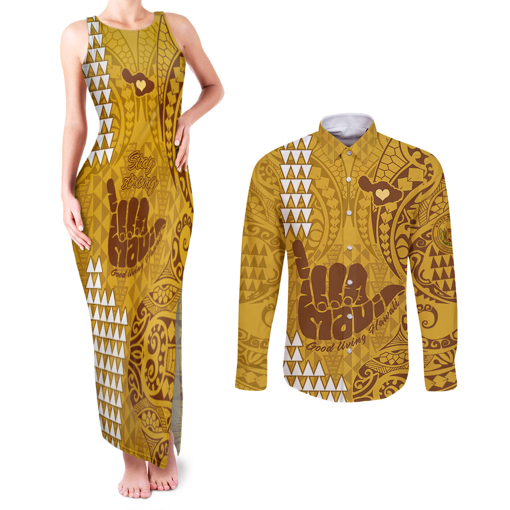 Strong Maui Couples Matching Tank Maxi Dress and Long Sleeve Button Shirts Good Living Hawaii with Shaka Sign Kakau Tribal Gold LT9 Gold - Polynesian Pride