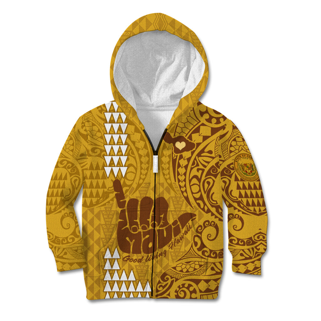 Strong Maui Kid Hoodie Good Living Hawaii with Shaka Sign Kakau Tribal Gold LT9 Zip Hoodie Gold - Polynesian Pride