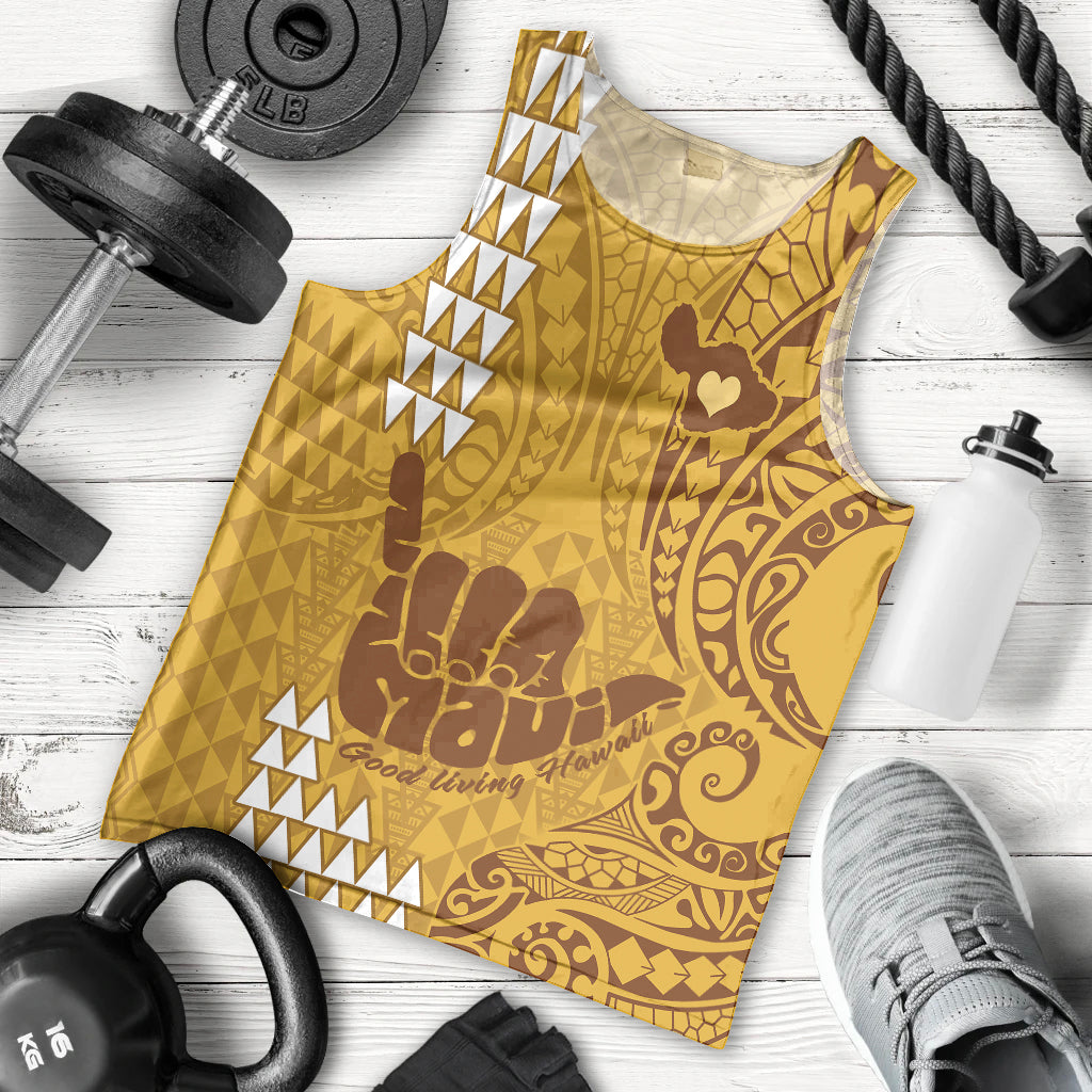 Strong Maui Men Tank Top Good Living Hawaii with Shaka Sign Kakau Tribal Gold LT9 Gold - Polynesian Pride