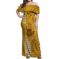 Strong Maui Off Shoulder Maxi Dress Good Living Hawaii with Shaka Sign Kakau Tribal Gold LT9 Women Gold - Polynesian Pride