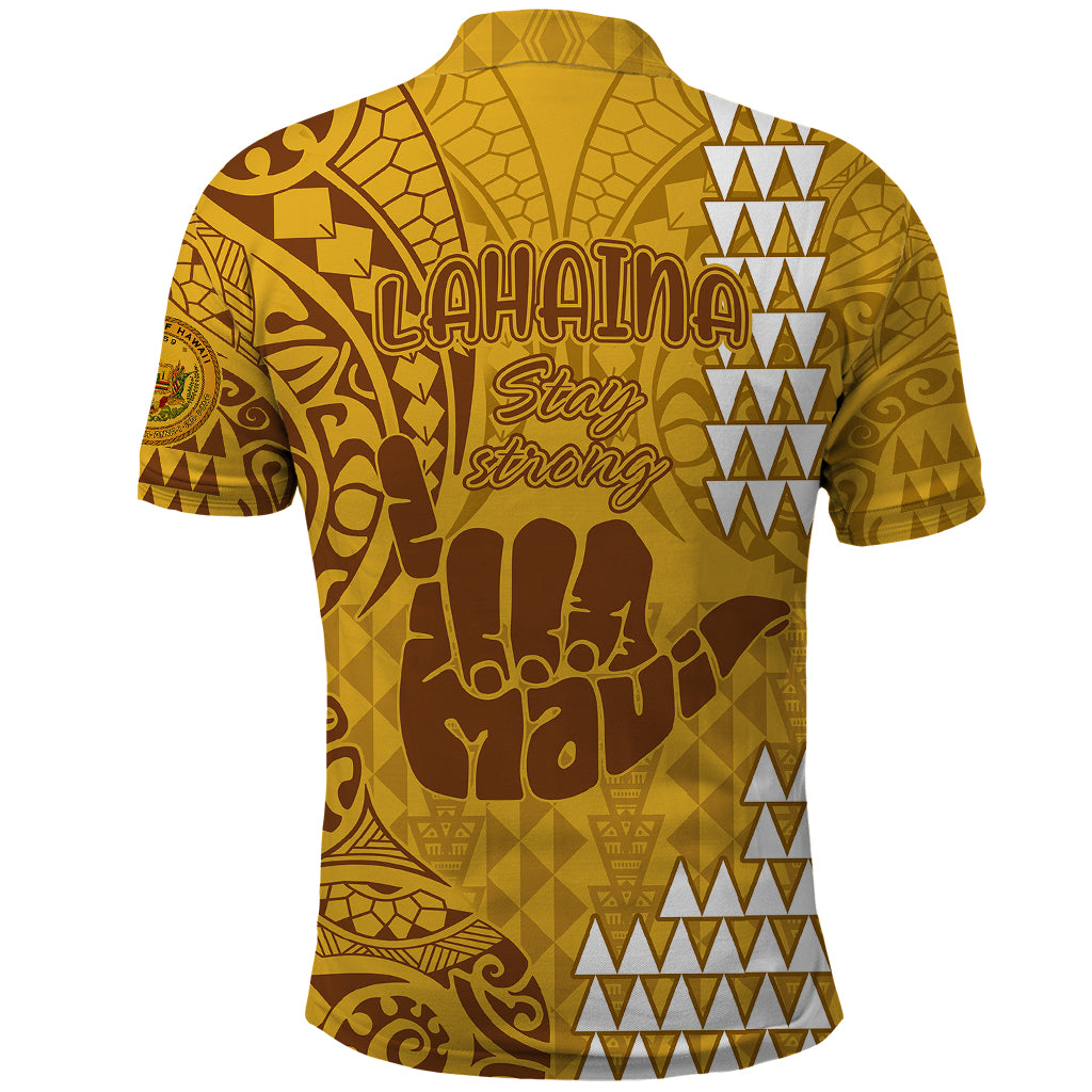Strong Maui Polo Shirt Good Living Hawaii with Shaka Sign Kakau Tribal Gold LT9 - Polynesian Pride