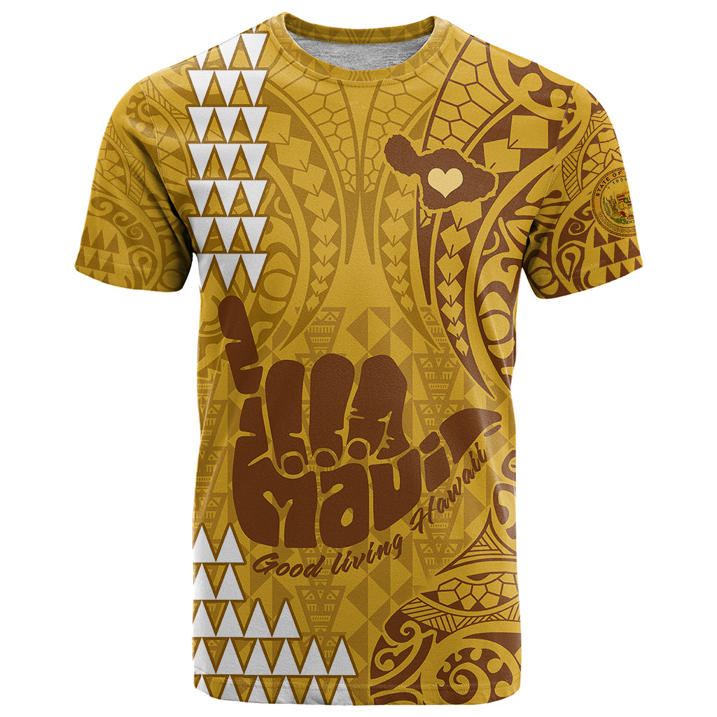 Strong Maui T Shirt Good Living Hawaii with Shaka Sign Kakau Tribal Gold LT9 Gold - Polynesian Pride