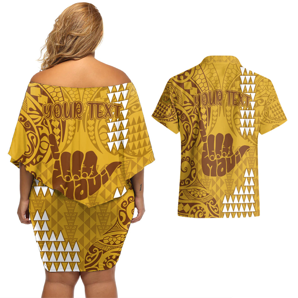 Personalised Strong Maui Couples Matching Off Shoulder Short Dress and Hawaiian Shirt Good Living Hawaii with Shaka Sign Kakau Tribal Gold LT9 - Polynesian Pride