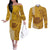 Personalised Strong Maui Couples Matching Off The Shoulder Long Sleeve Dress and Long Sleeve Button Shirts Good Living Hawaii with Shaka Sign Kakau Tribal Gold LT9 Gold - Polynesian Pride