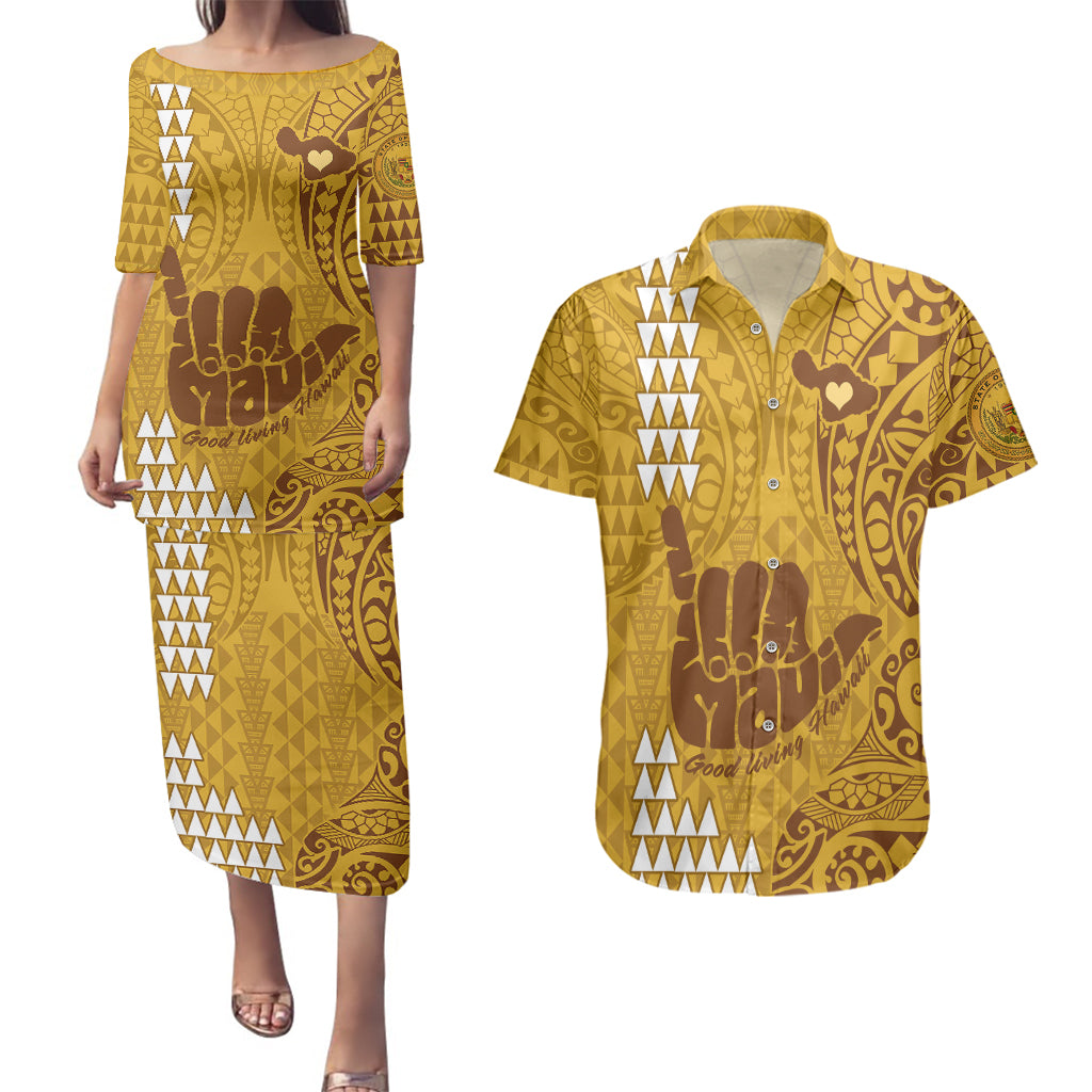 Personalised Strong Maui Couples Matching Puletasi Dress and Hawaiian Shirt Good Living Hawaii with Shaka Sign Kakau Tribal Gold LT9 Gold - Polynesian Pride