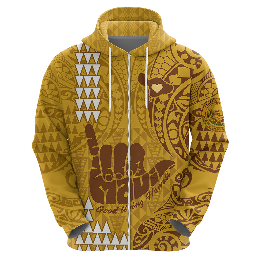 Personalised Strong Maui Hoodie Good Living Hawaii with Shaka Sign Kakau Tribal Gold LT9 - Polynesian Pride