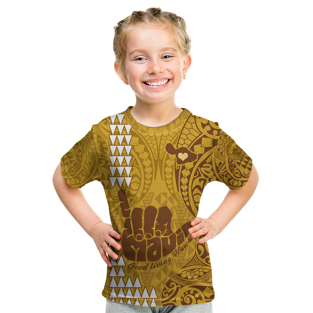 Personalised Strong Maui Kid T Shirt Good Living Hawaii with Shaka Sign Kakau Tribal Gold LT9 Gold - Polynesian Pride