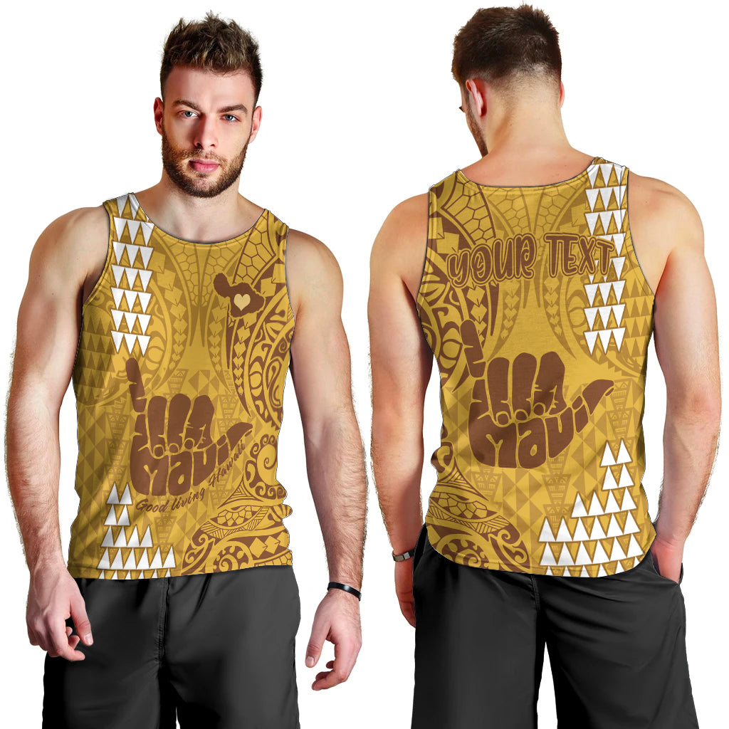 Personalised Strong Maui Men Tank Top Good Living Hawaii with Shaka Sign Kakau Tribal Gold LT9 - Polynesian Pride