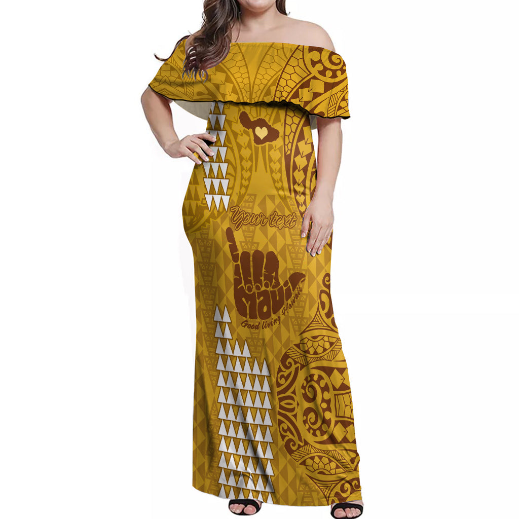 Personalised Strong Maui Off Shoulder Maxi Dress Good Living Hawaii with Shaka Sign Kakau Tribal Gold LT9 Women Gold - Polynesian Pride