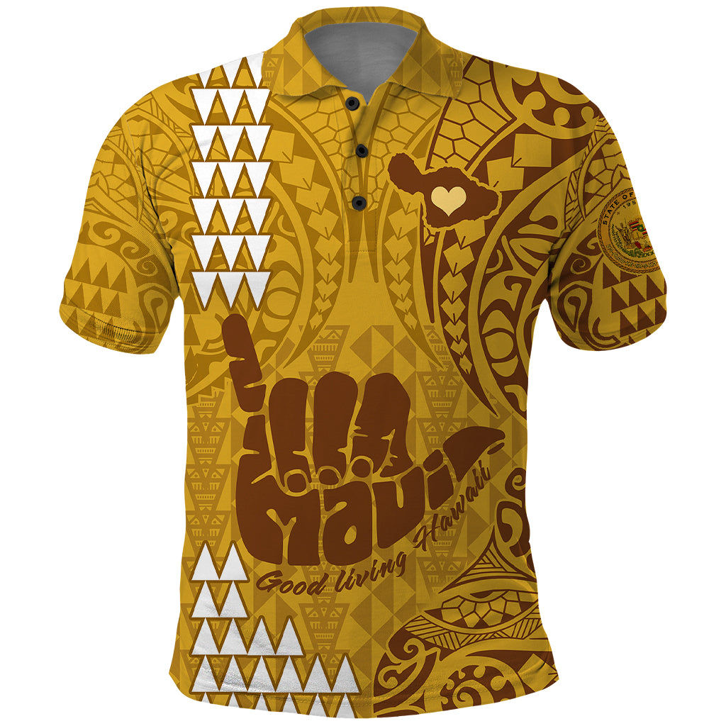Personalised Strong Maui Polo Shirt Good Living Hawaii with Shaka Sign Kakau Tribal Gold LT9 Gold - Polynesian Pride