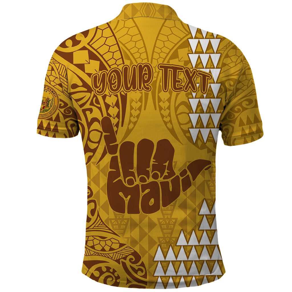 Personalised Strong Maui Polo Shirt Good Living Hawaii with Shaka Sign Kakau Tribal Gold LT9 - Polynesian Pride