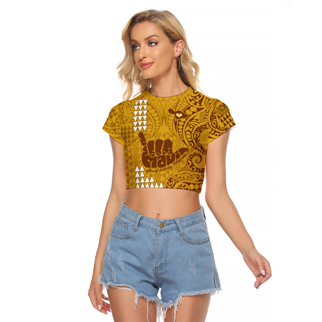 Personalised Strong Maui Raglan Cropped T Shirt Good Living Hawaii with Shaka Sign Kakau Tribal Gold LT9 Female Gold - Polynesian Pride