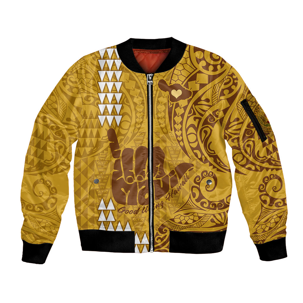 Personalised Strong Maui Sleeve Zip Bomber Jacket Good Living Hawaii with Shaka Sign Kakau Tribal Gold LT9 Unisex Gold - Polynesian Pride