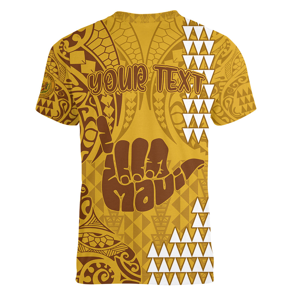Personalised Strong Maui Women V Neck T Shirt Good Living Hawaii with Shaka Sign Kakau Tribal Gold LT9 - Polynesian Pride