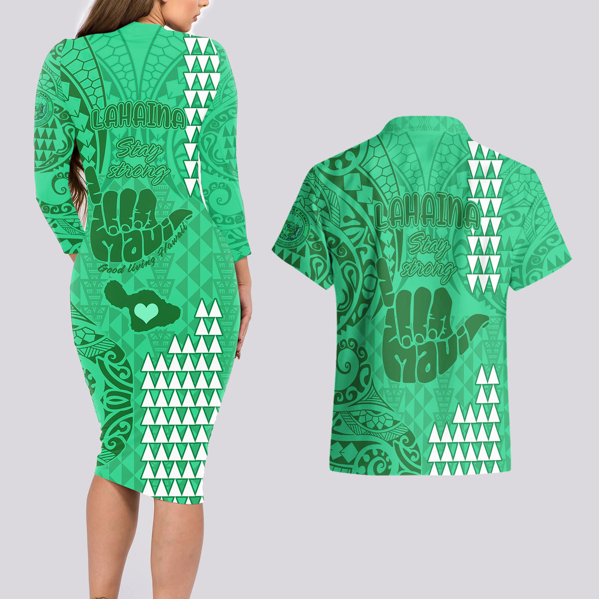 Strong Maui Couples Matching Long Sleeve Bodycon Dress and Hawaiian Shirt Good Living Hawaii with Shaka Sign Kakau Tribal Green LT9 - Polynesian Pride