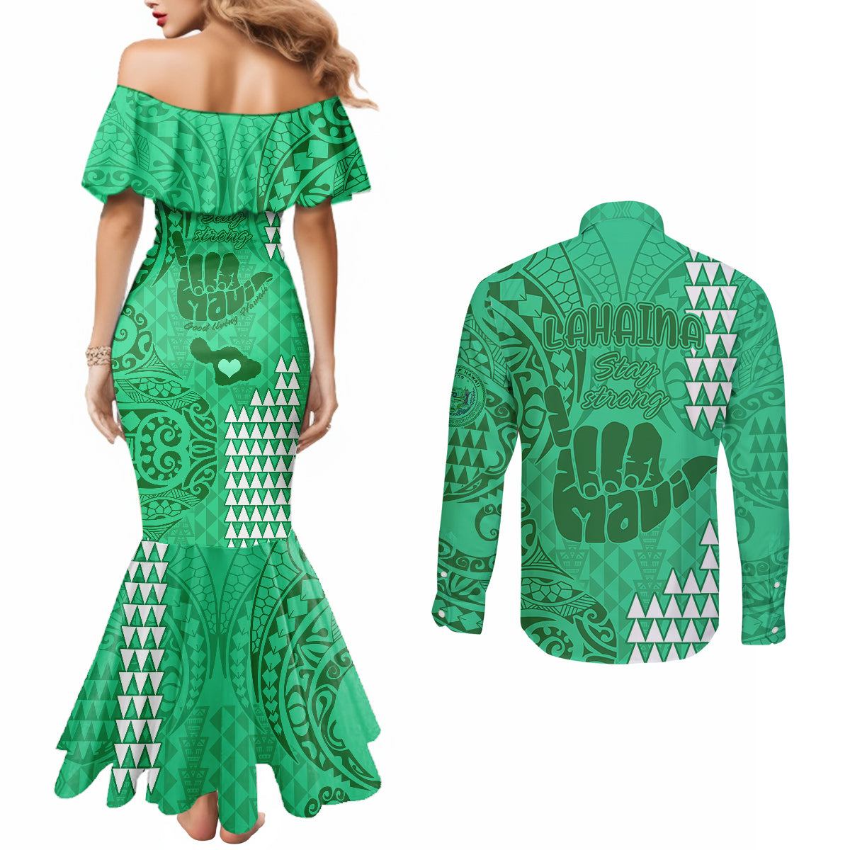 Strong Maui Couples Matching Mermaid Dress and Long Sleeve Button Shirts Good Living Hawaii with Shaka Sign Kakau Tribal Green LT9 - Polynesian Pride
