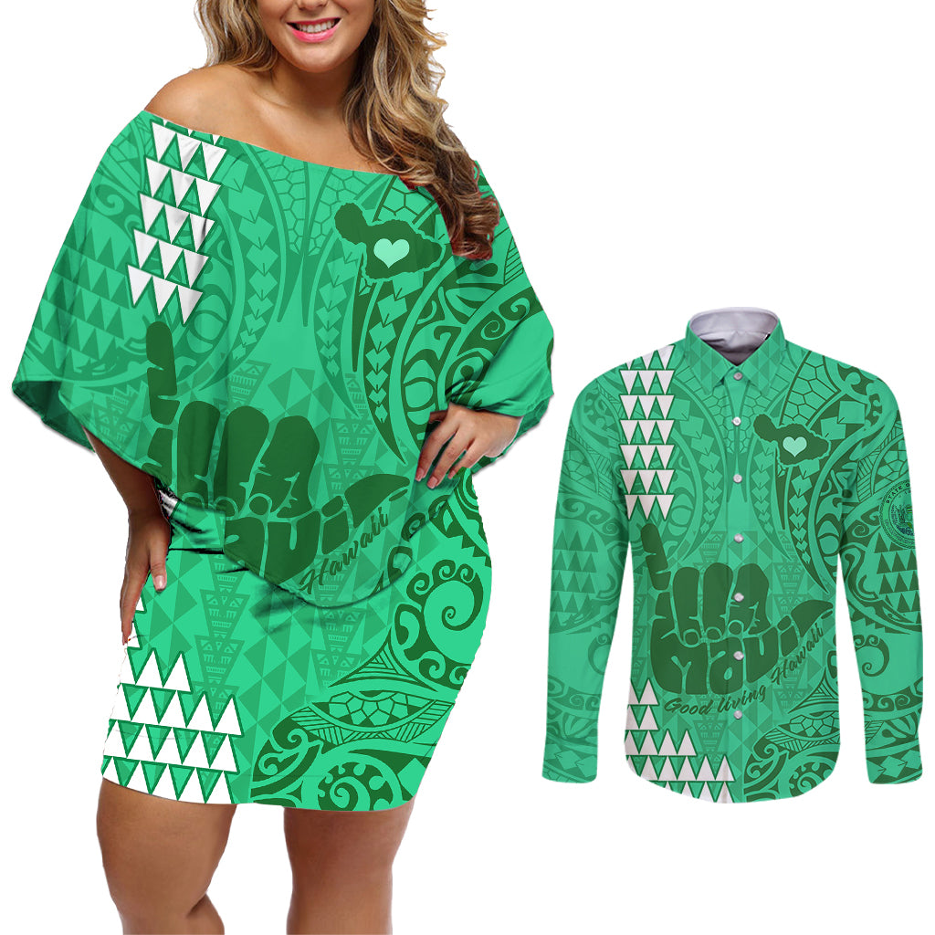 Strong Maui Couples Matching Off Shoulder Short Dress and Long Sleeve Button Shirts Good Living Hawaii with Shaka Sign Kakau Tribal Green LT9 Green - Polynesian Pride