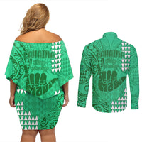 Strong Maui Couples Matching Off Shoulder Short Dress and Long Sleeve Button Shirts Good Living Hawaii with Shaka Sign Kakau Tribal Green LT9 - Polynesian Pride