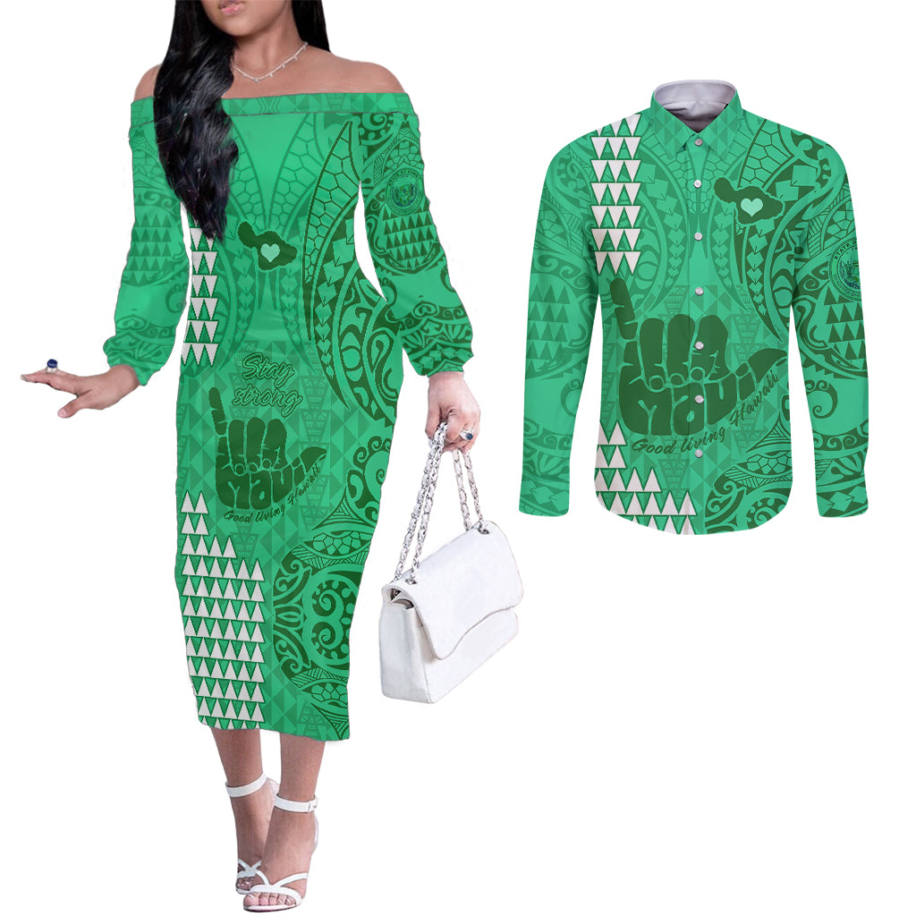 Strong Maui Couples Matching Off The Shoulder Long Sleeve Dress and Long Sleeve Button Shirts Good Living Hawaii with Shaka Sign Kakau Tribal Green LT9 Green - Polynesian Pride