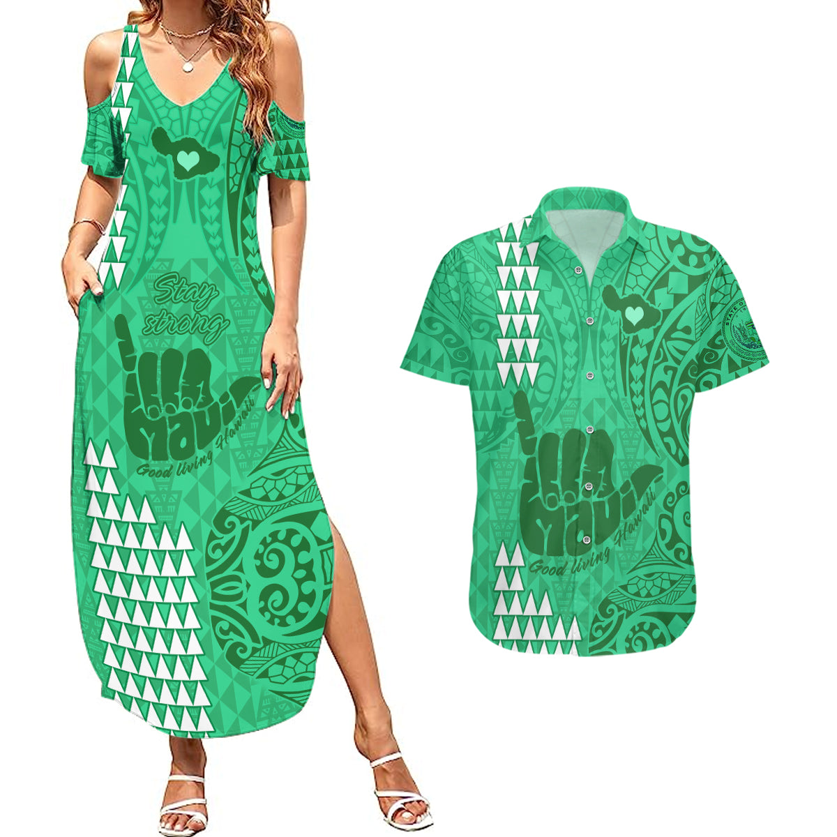 Strong Maui Couples Matching Summer Maxi Dress and Hawaiian Shirt Good Living Hawaii with Shaka Sign Kakau Tribal Green LT9 Green - Polynesian Pride