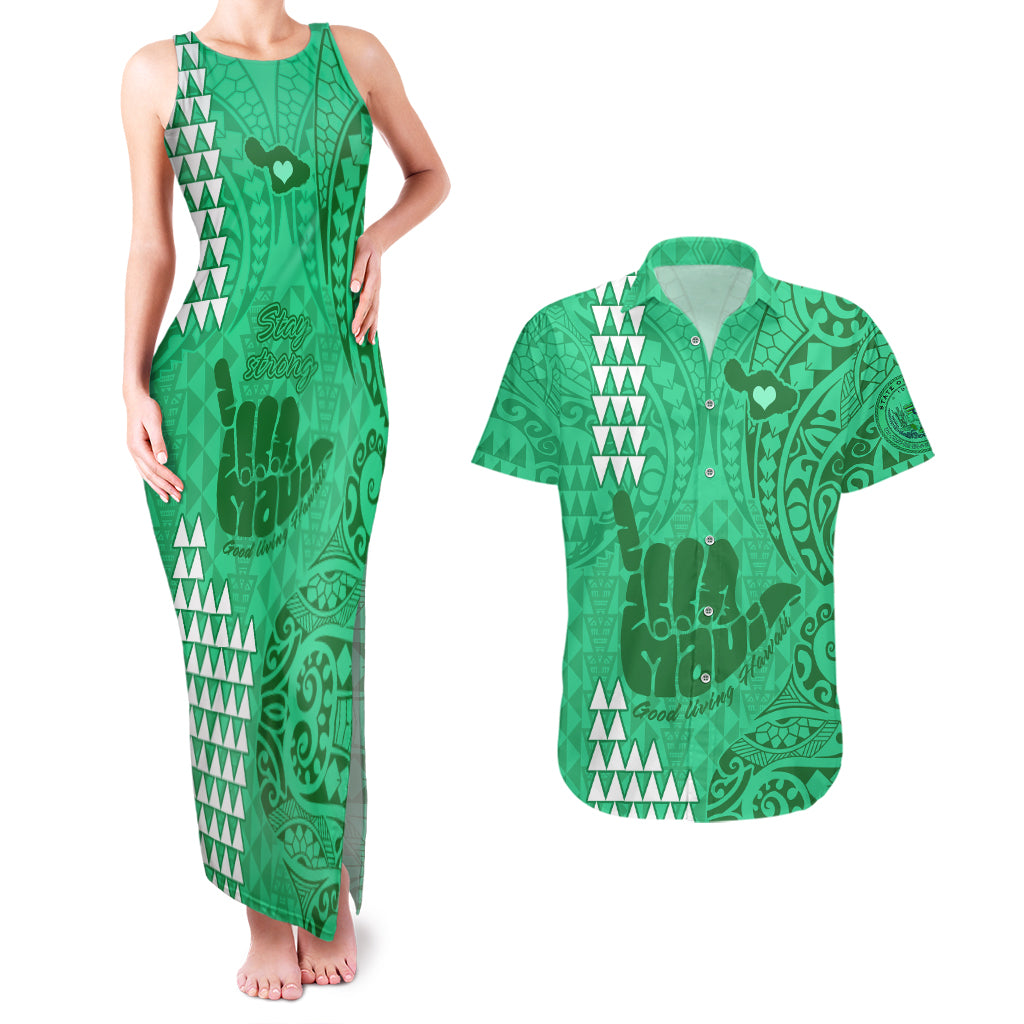 Strong Maui Couples Matching Tank Maxi Dress and Hawaiian Shirt Good Living Hawaii with Shaka Sign Kakau Tribal Green LT9 Green - Polynesian Pride