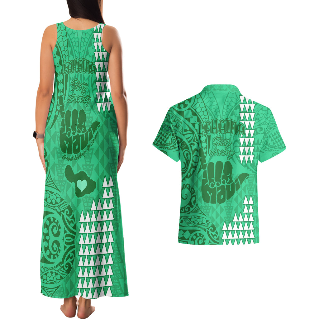 Strong Maui Couples Matching Tank Maxi Dress and Hawaiian Shirt Good Living Hawaii with Shaka Sign Kakau Tribal Green LT9 - Polynesian Pride