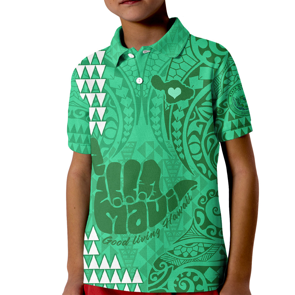 Strong Maui Kid Polo Shirt Good Living Hawaii with Shaka Sign Kakau Tribal Green LT9 Kid Green - Polynesian Pride