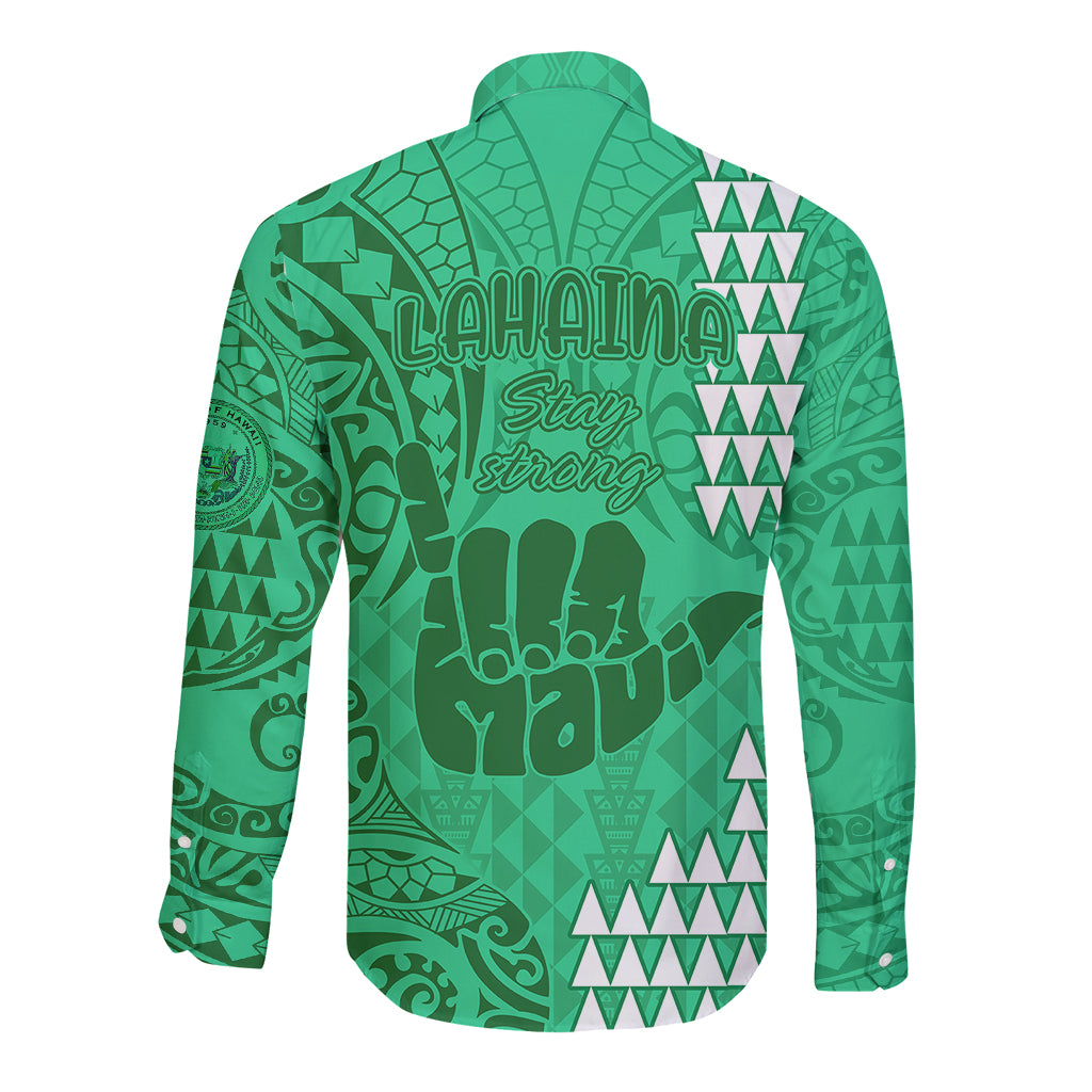 Strong Maui Long Sleeve Button Shirt Good Living Hawaii with Shaka Sign Kakau Tribal Green LT9 - Polynesian Pride