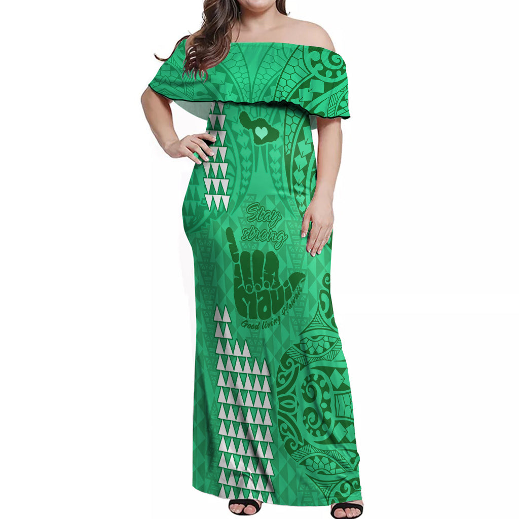 Strong Maui Off Shoulder Maxi Dress Good Living Hawaii with Shaka Sign Kakau Tribal Green LT9 Women Green - Polynesian Pride