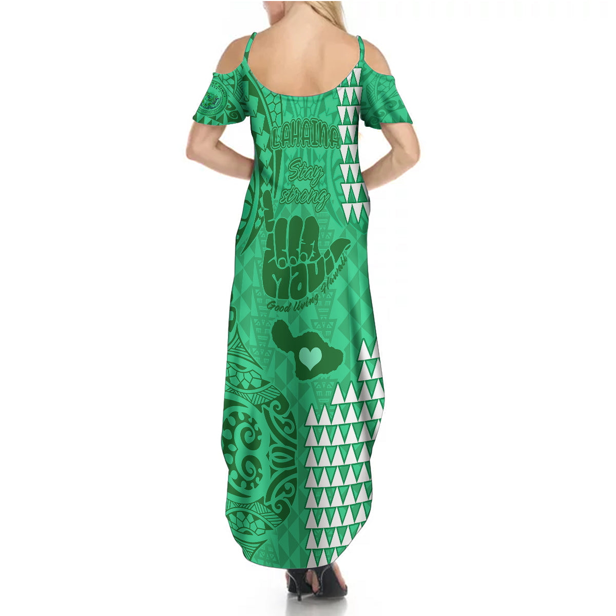 Strong Maui Summer Maxi Dress Good Living Hawaii with Shaka Sign Kakau Tribal Green LT9 - Polynesian Pride
