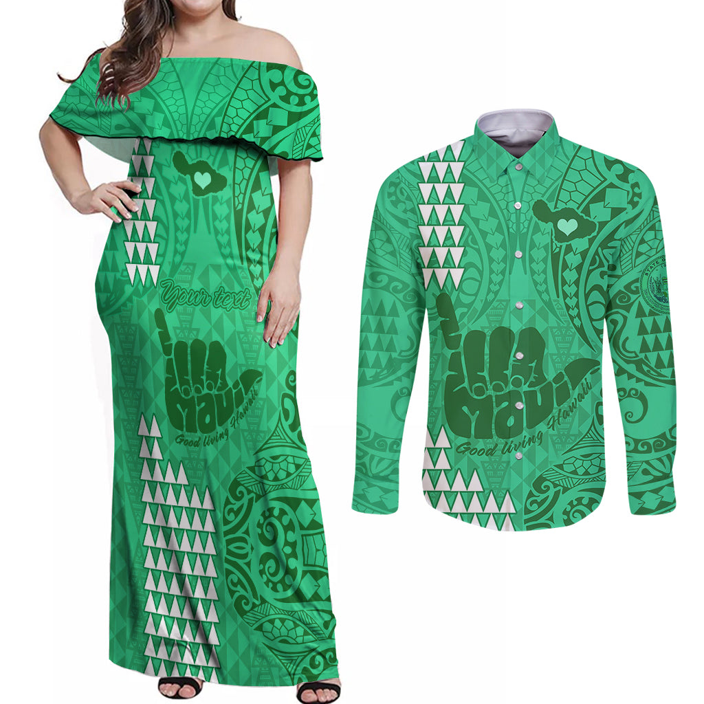 Personalised Strong Maui Couples Matching Off Shoulder Maxi Dress and Long Sleeve Button Shirts Good Living Hawaii with Shaka Sign Kakau Tribal Green LT9 Green - Polynesian Pride