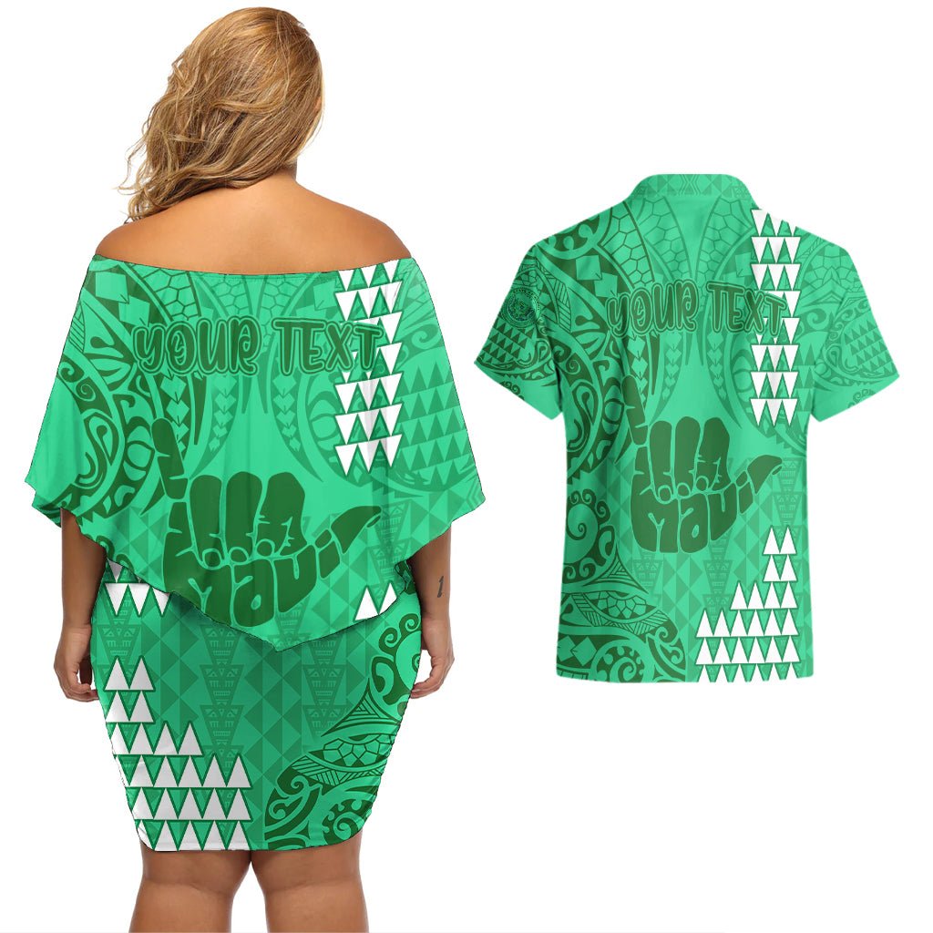 Personalised Strong Maui Couples Matching Off Shoulder Short Dress and Hawaiian Shirt Good Living Hawaii with Shaka Sign Kakau Tribal Green LT9 - Polynesian Pride