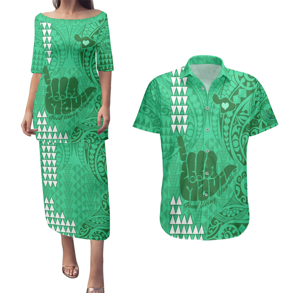 Personalised Strong Maui Couples Matching Puletasi Dress and Hawaiian Shirt Good Living Hawaii with Shaka Sign Kakau Tribal Green LT9 Green - Polynesian Pride