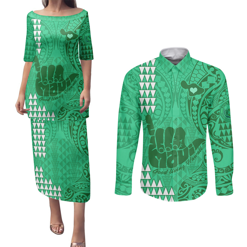 Personalised Strong Maui Couples Matching Puletasi Dress and Long Sleeve Button Shirts Good Living Hawaii with Shaka Sign Kakau Tribal Green LT9 Green - Polynesian Pride